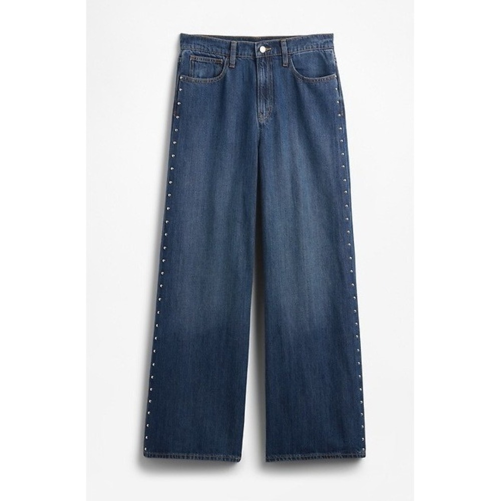 Gap High Rise Wide Leg Jeans Women 25 Blue Dark Wash Denim Studded SuperSoft